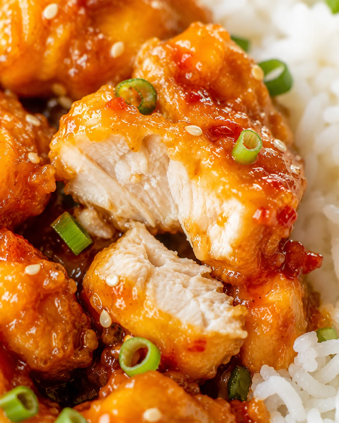 Close-up of crispy orange chicken bites topped with sauce and green onions.
