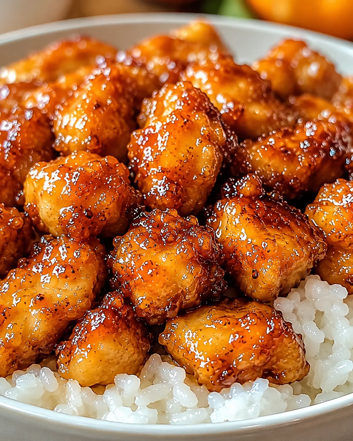 Delicious crispy orange chicken glazed with tangy, sweet sauce served over rice.