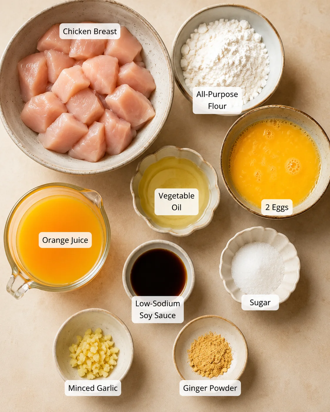 Freshly chopped chicken breast, flour, eggs, and orange juice for crispy orange chicken