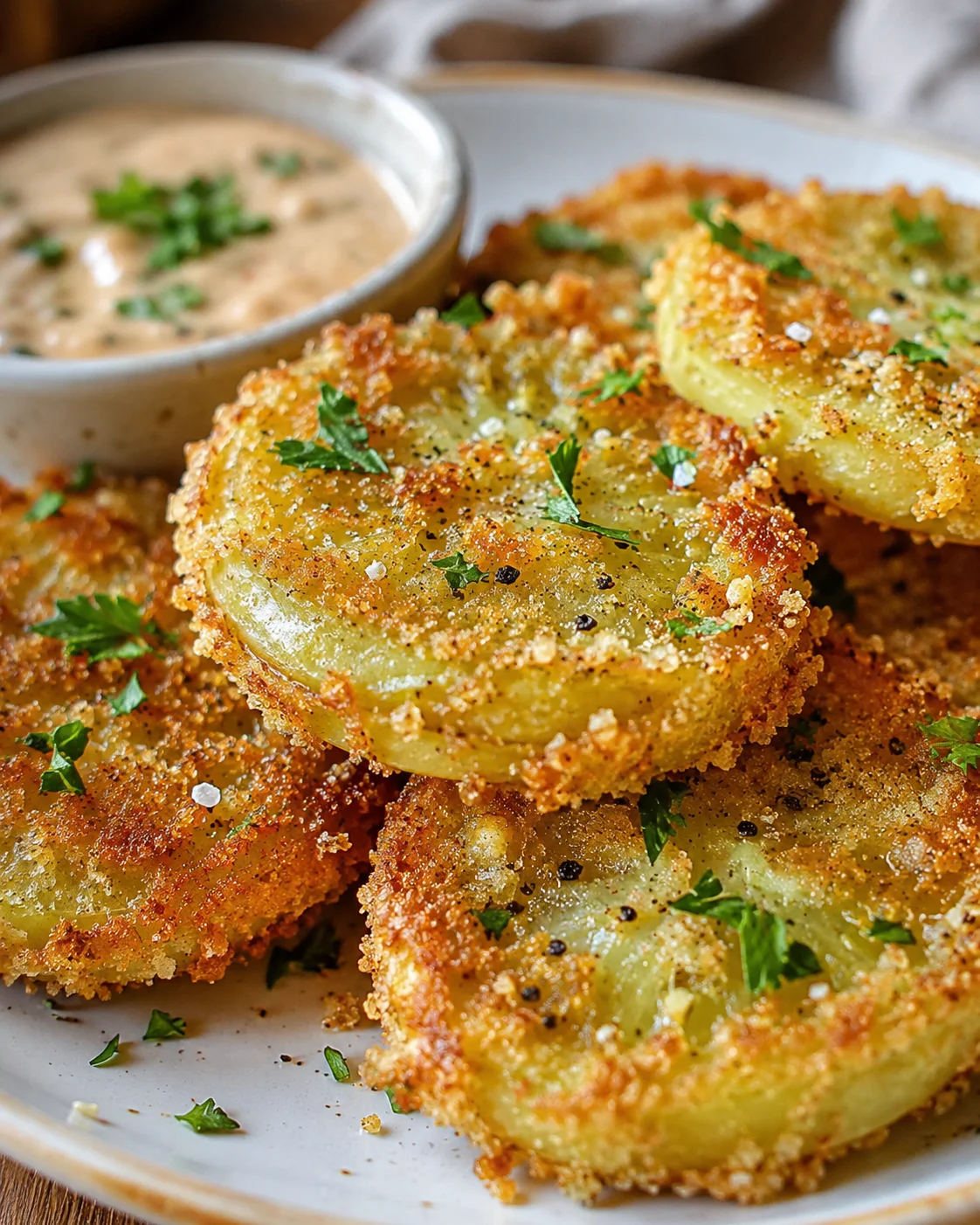 Golden fried green tomatoes with remoulade sauce on a white plate