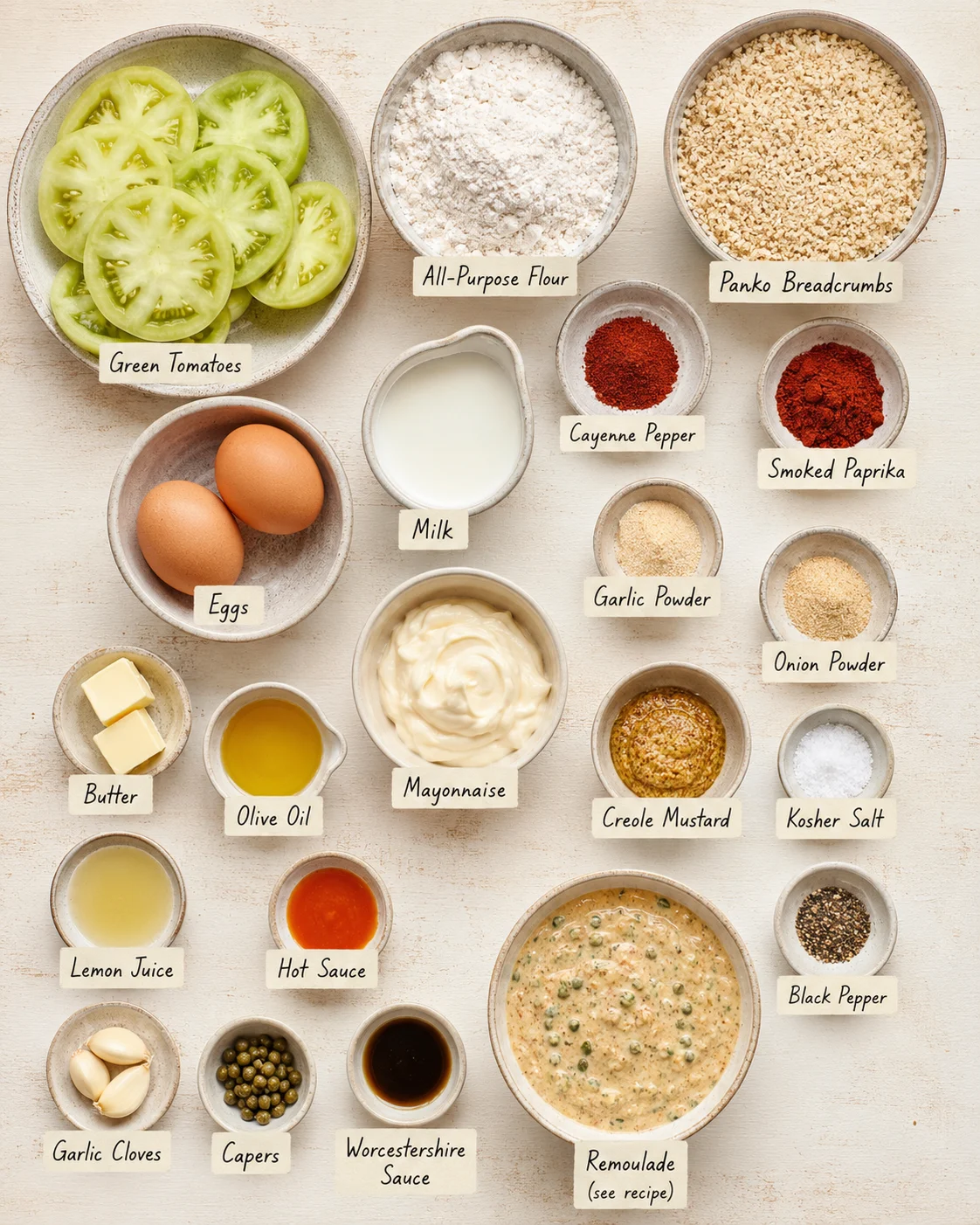 Ingredients for Southern fried green tomatoes with remoulade sauce.