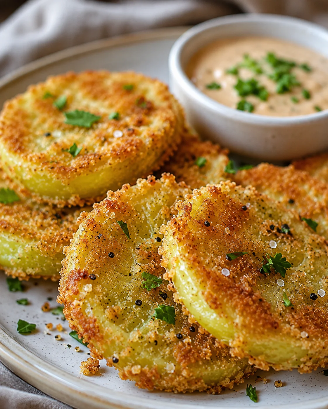 Crispy fried green tomatoes served with creamy remoulade sauce.