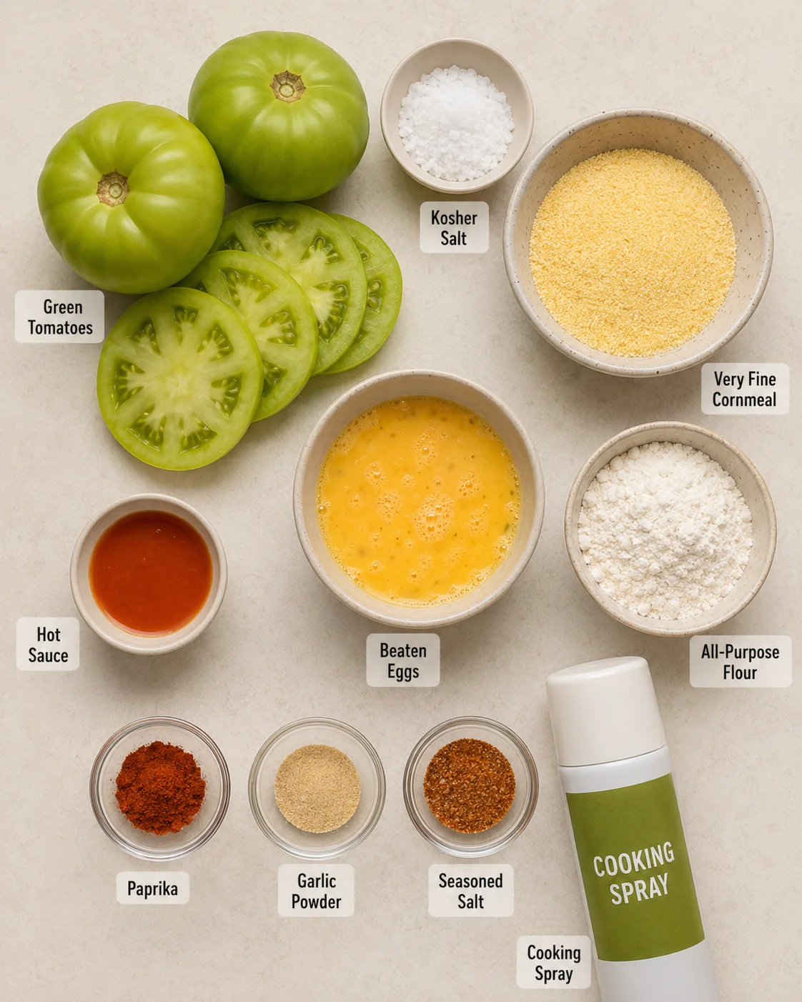 Green tomatoes, flour, eggs, and seasonings arranged for frying preparation.