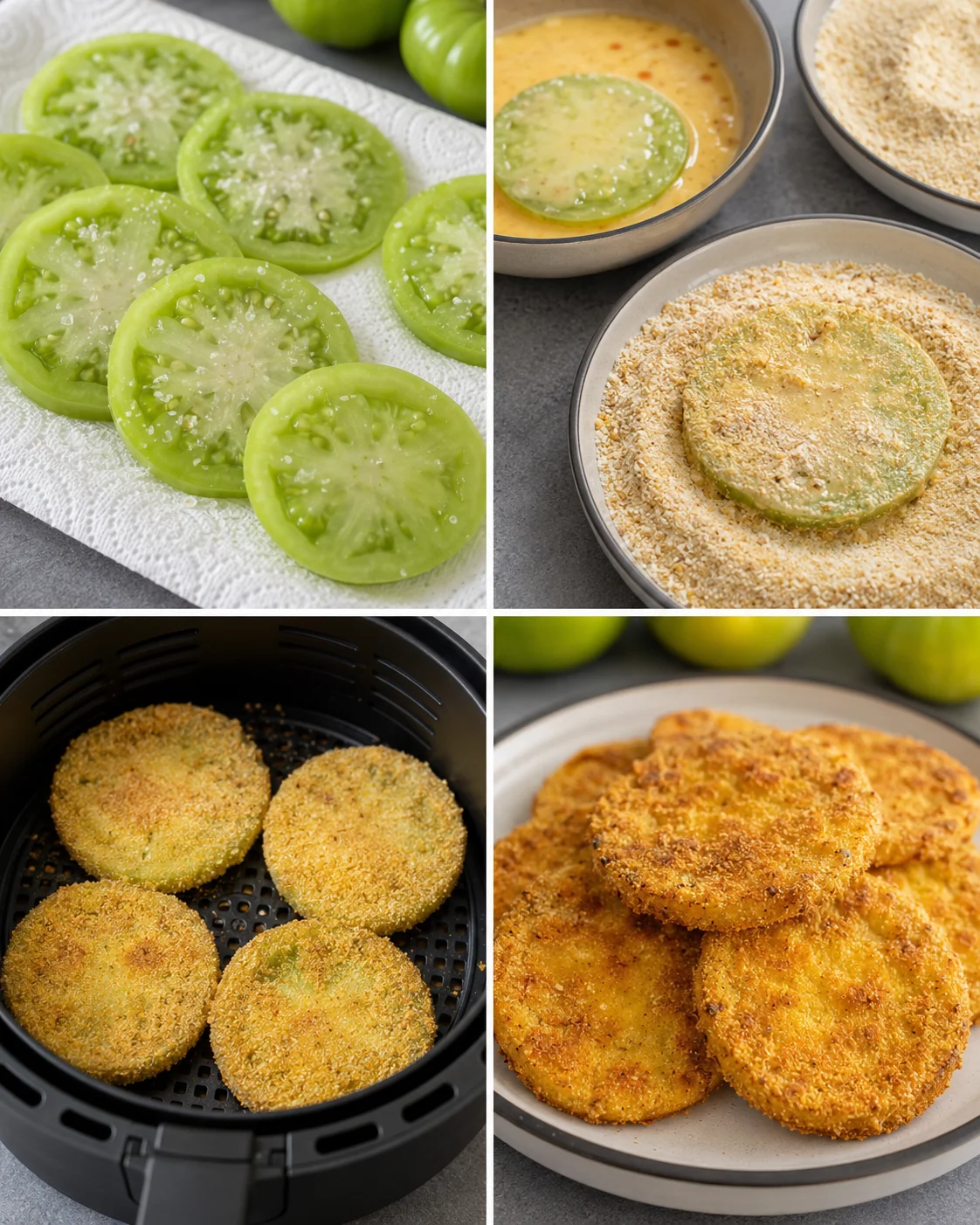 Crispy air fried green tomato slices with a golden crust on a plate