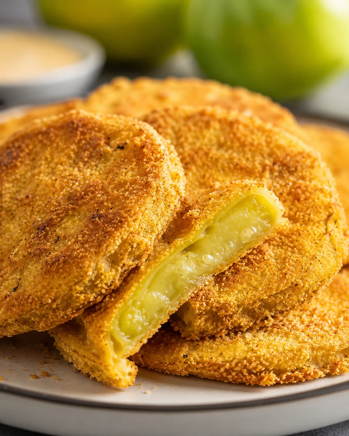 Crispy air-fried green tomatoes with a tangy, golden crust on a plate