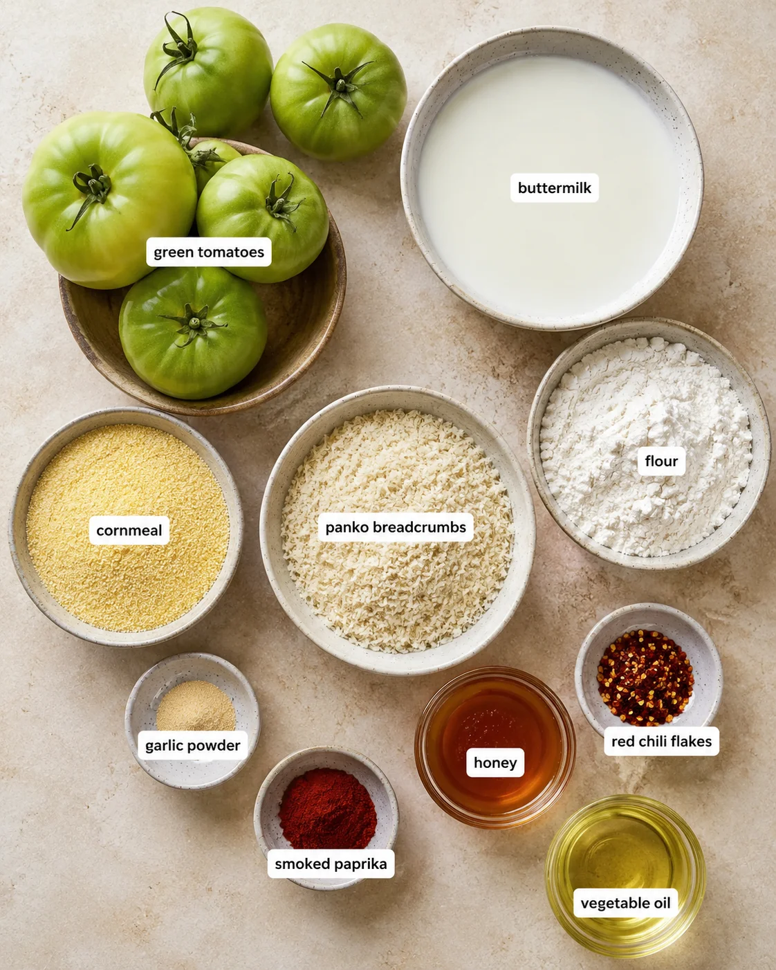 Fresh green tomatoes, flour, cornmeal, and spices on a cooking surface.