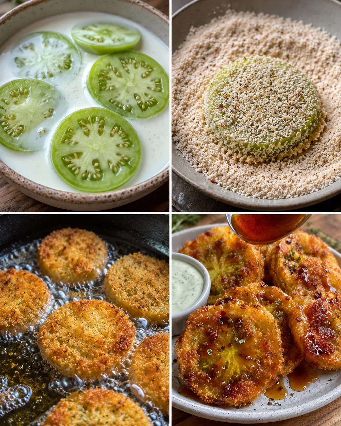 Golden fried green tomatoes topped with spicy hot honey drizzle on a plate.