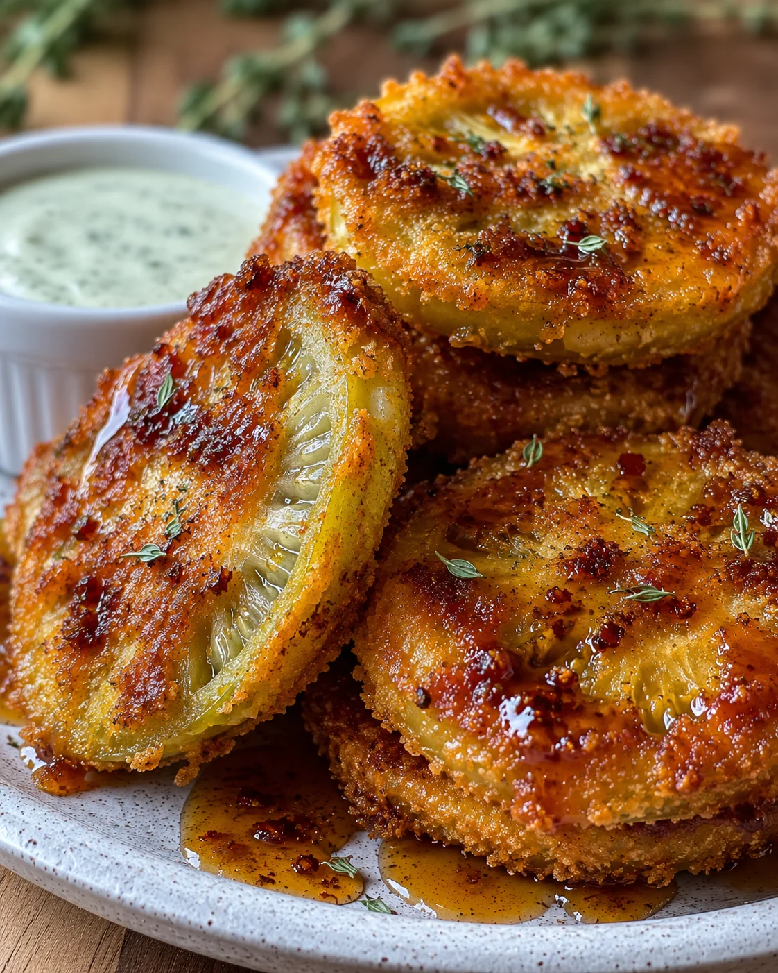 Close-up of crispy fried green tomatoes with spicy hot honey drizzle on a plate.