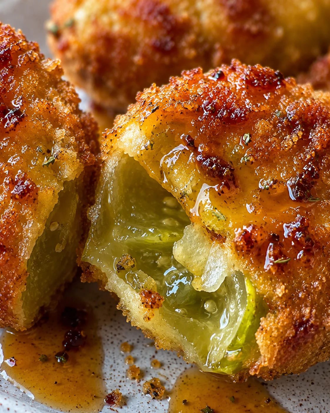 Close-up of crispy fried green tomatoes drizzled with spicy hot honey.