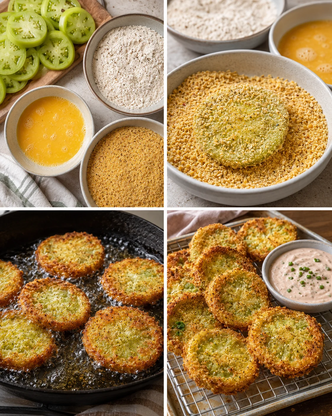 Golden crispy fried green tomatoes with tangy remoulade sauce on side
