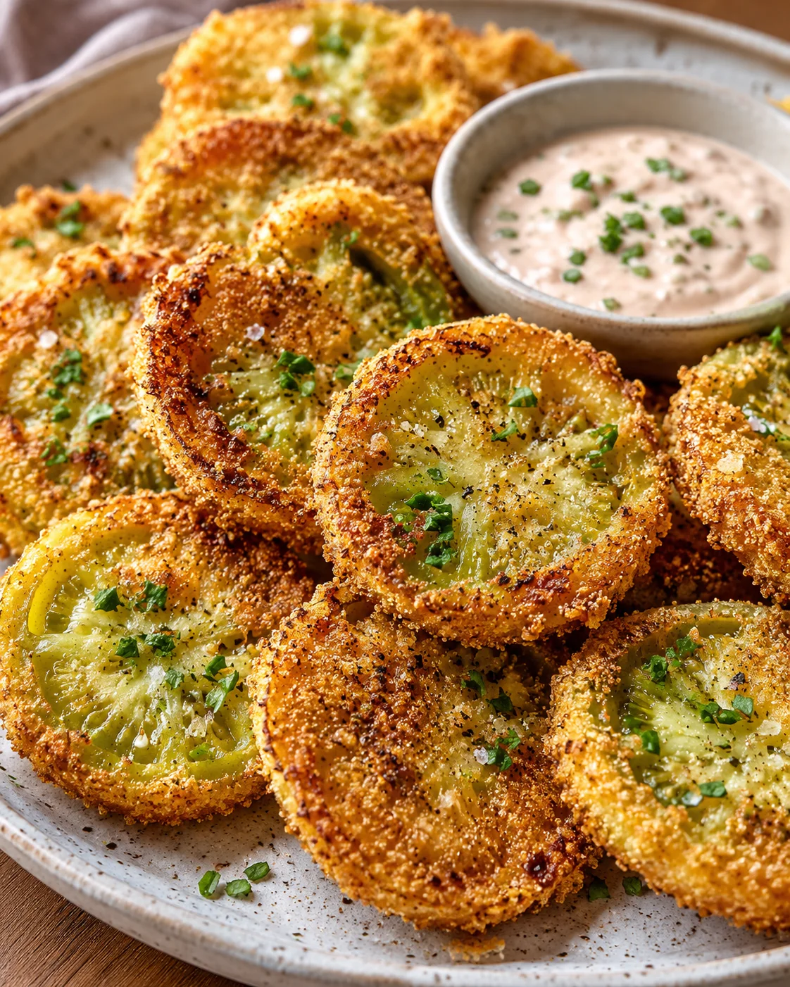 Golden, crispy fried green tomatoes with tangy remoulade sauce on a plate