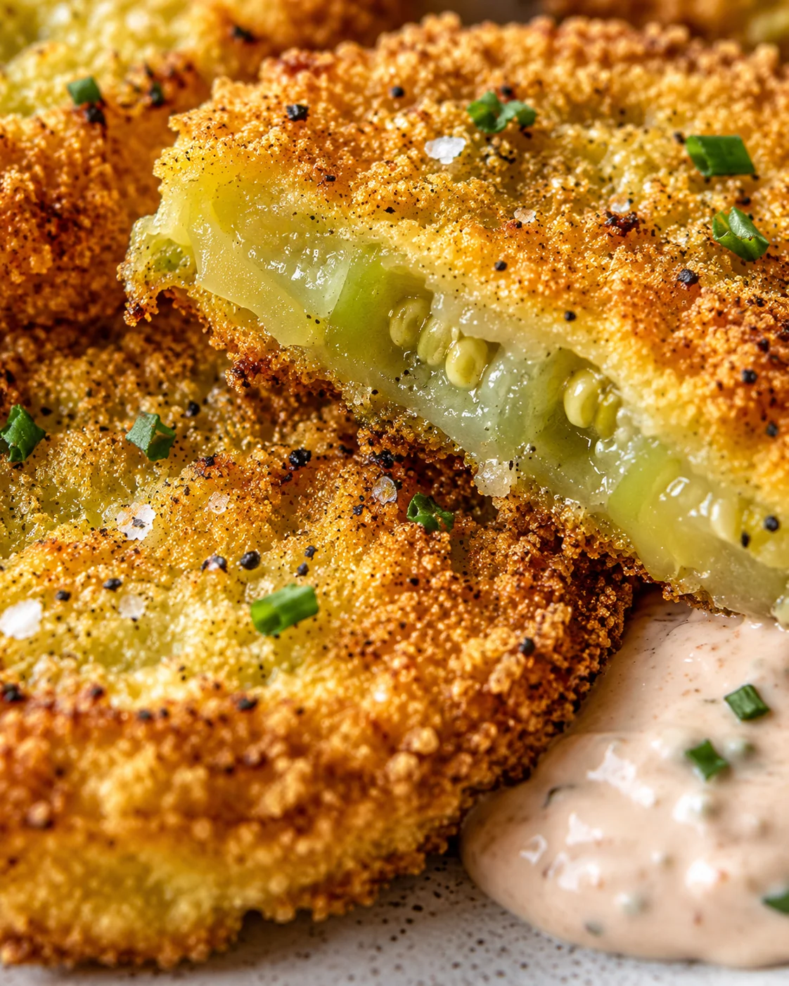 Golden crispy fried green tomatoes served with tangy remoulade sauce close-up.