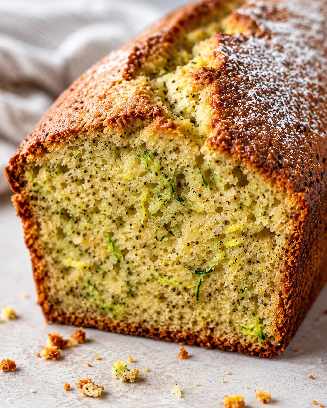 Close-up of freshly baked lemon poppy seed zucchini bread with a golden crust.