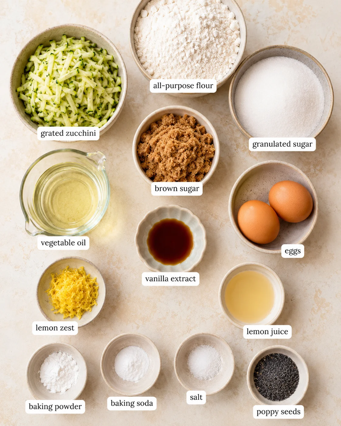 Ingredients for lemon poppy seed zucchini bread on a light background