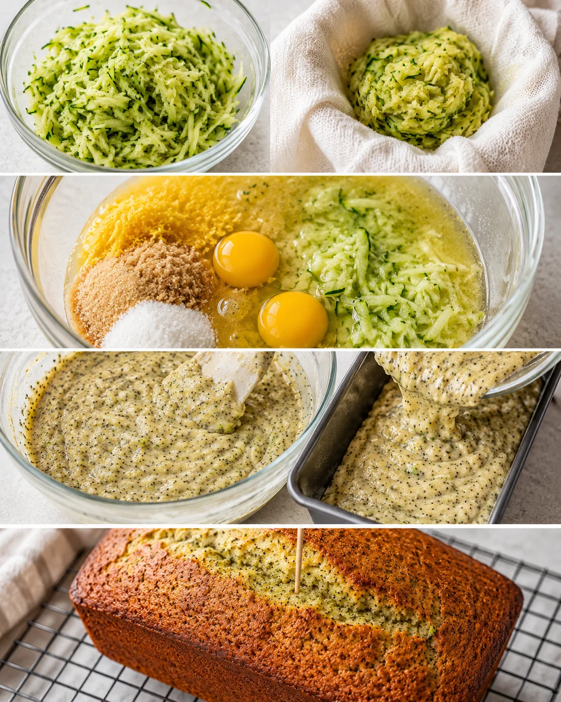 Freshly made zucchini bread with lemon zest and poppy seeds in a baking dish.