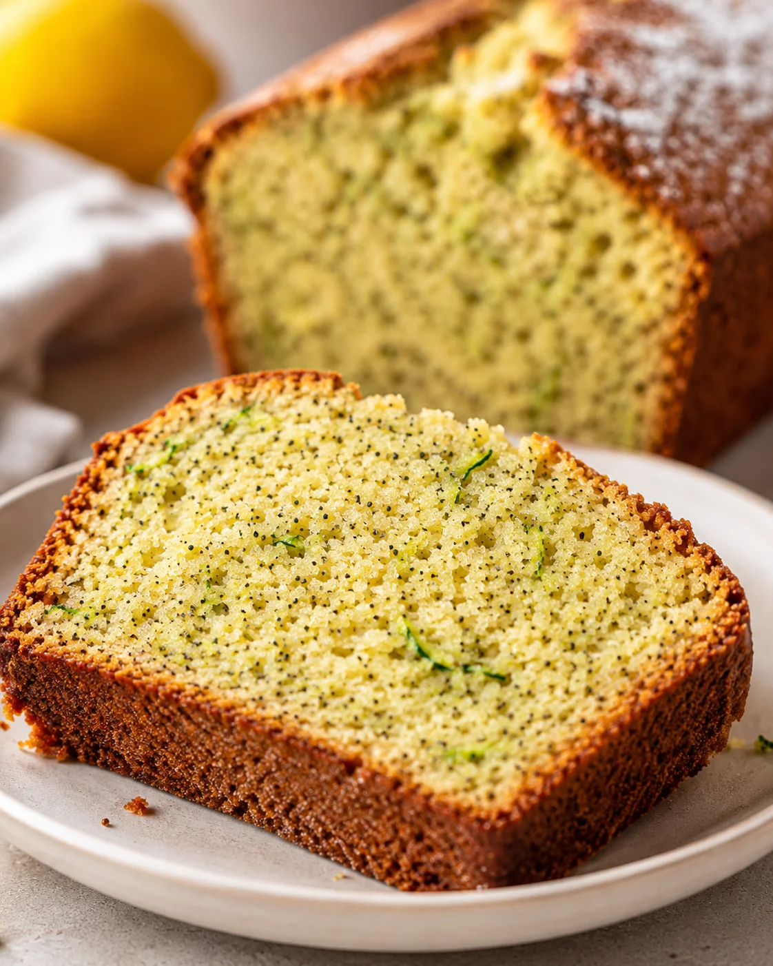 Slice of lemon poppy seed zucchini bread on a white plate with a loaf in the background