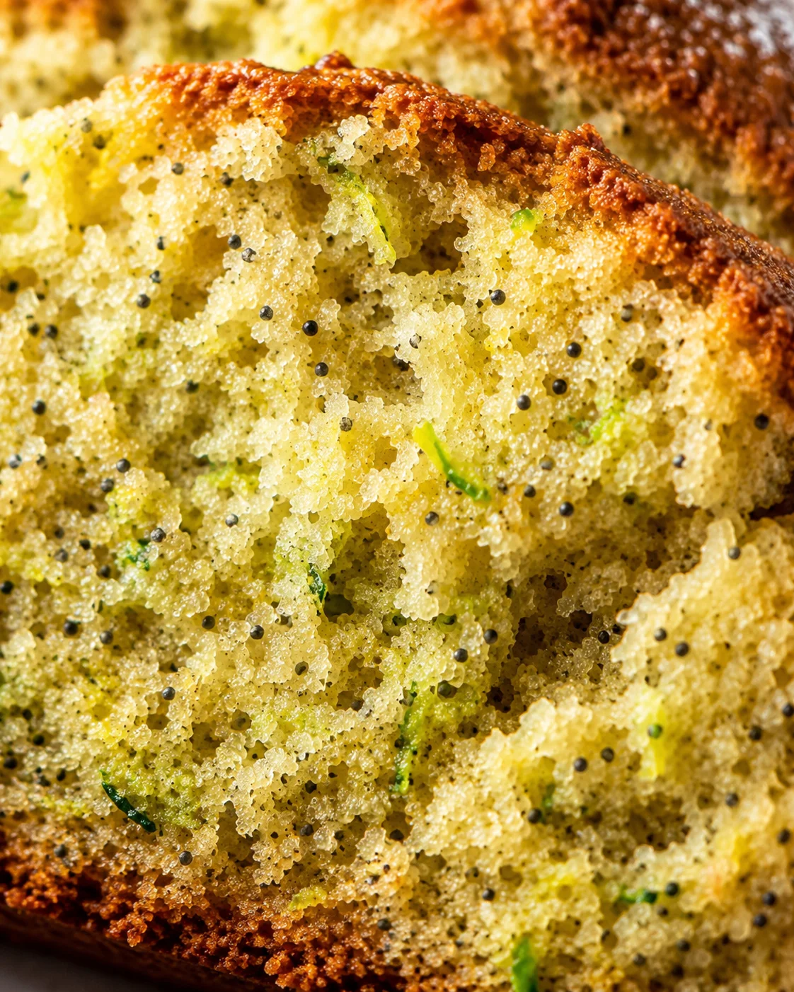 Close-up of moist lemon poppy seed zucchini bread with crunchy topping.