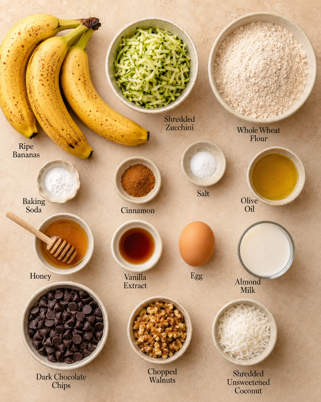 Image showing ingredients for zucchini banana muffins including bananas, zucchini, and chocolate chips.