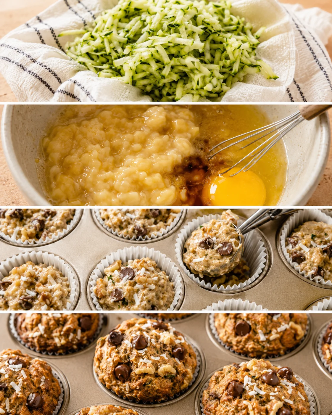 Delicious homemade zucchini banana muffins with nuts and chocolate chips.