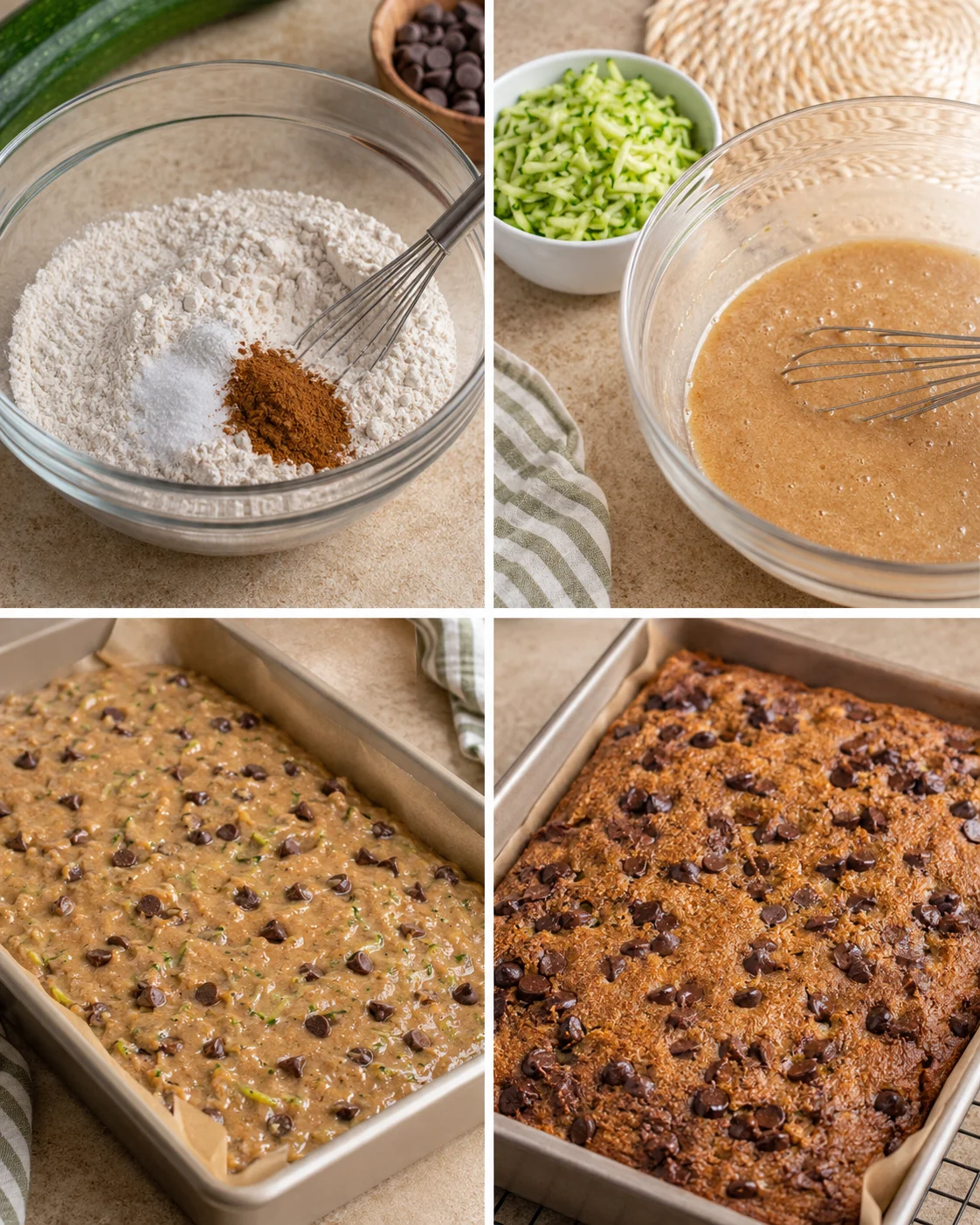 Step-by-step process of making chewy chocolate zucchini bars from mixing to baking.