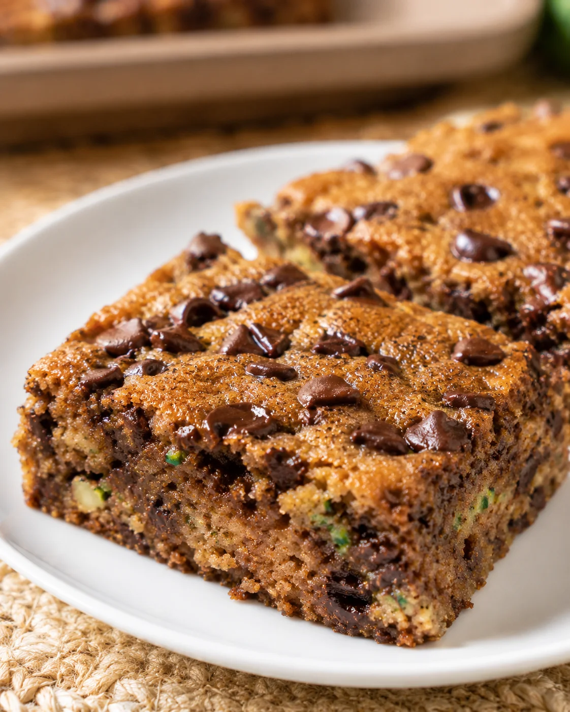 Close-up of delicious chocolate chip zucchini bars on a white plate.