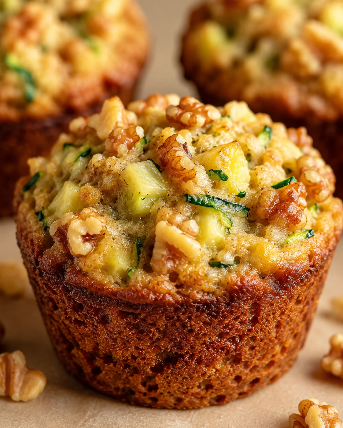 Close-up of a moist, golden muffin filled with pineapple chunks and crunchy walnuts.