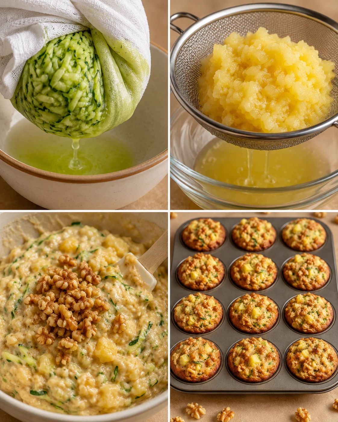Baking fresh zucchini muffins with pineapple and walnuts in a muffin tin.