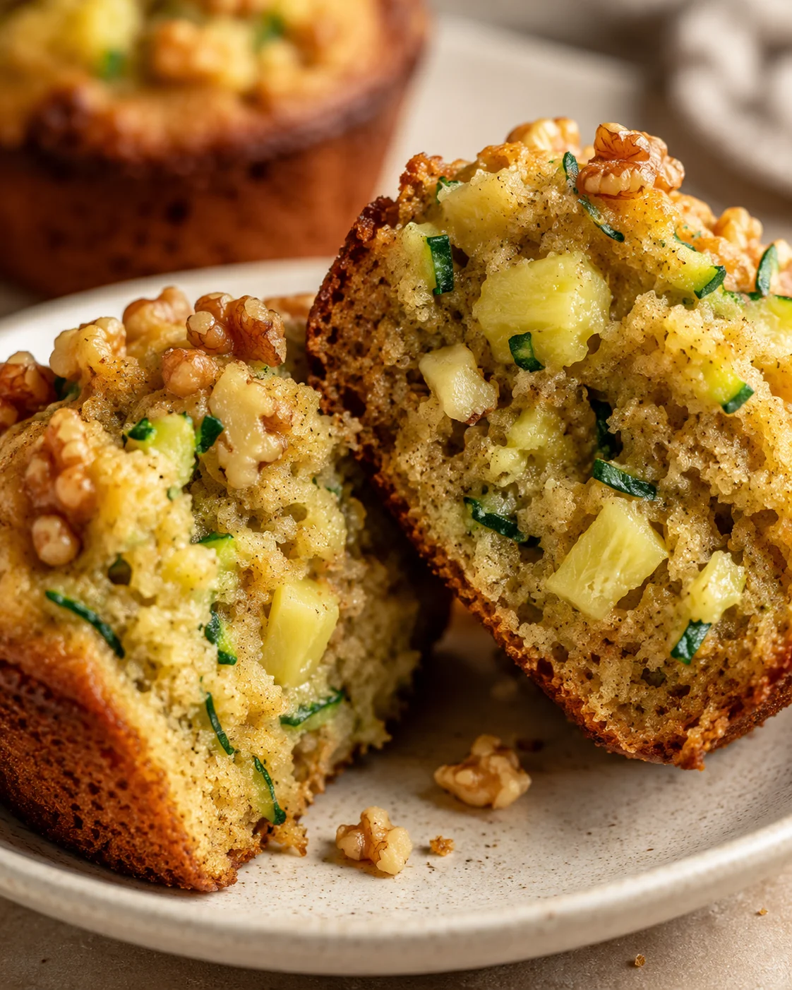 Freshly baked muffins with pineapple chunks, walnuts, and zucchini on a plate.