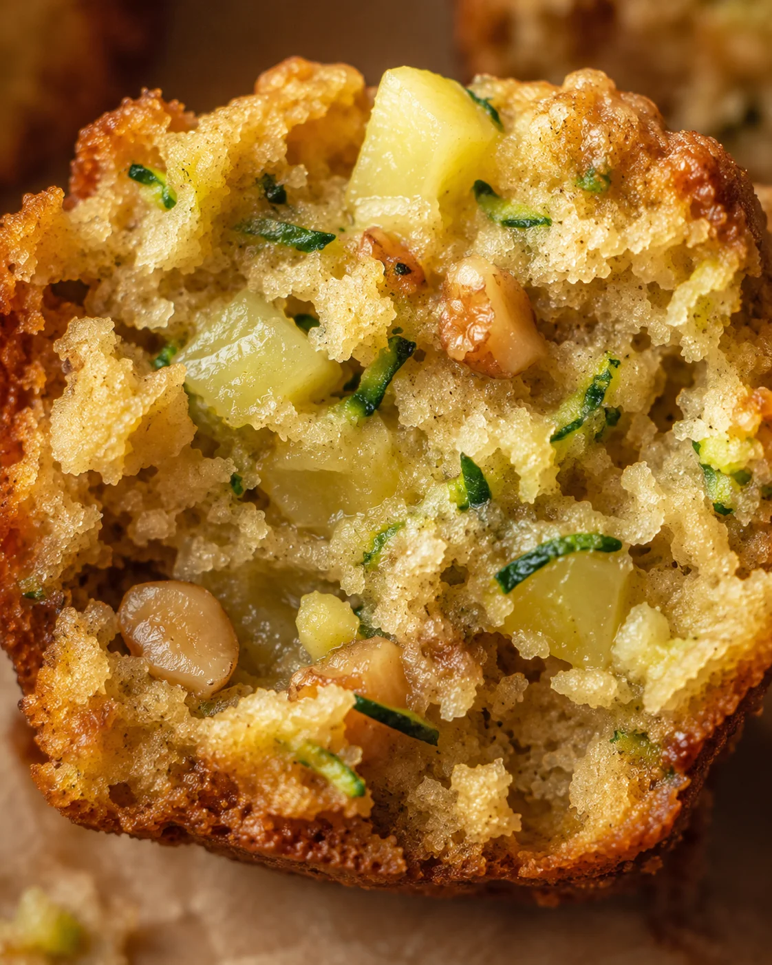 Close-up of moist pineapple zucchini muffins with walnuts and pineapple chunks.