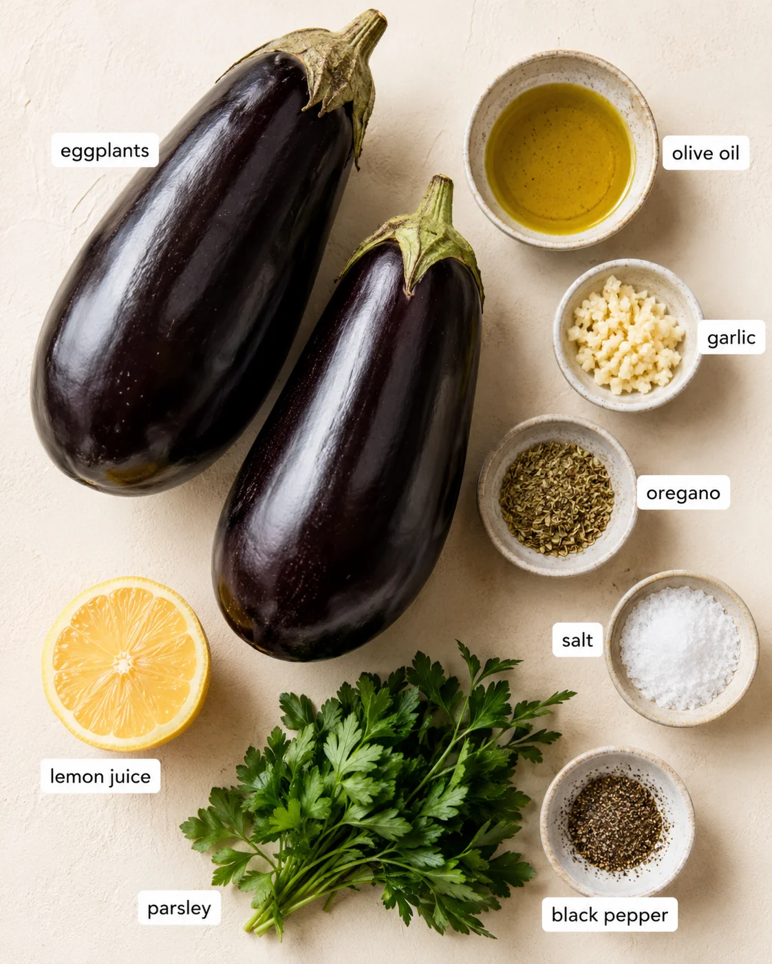 Fresh eggplants with garlic, olive oil, and herbs for roasting