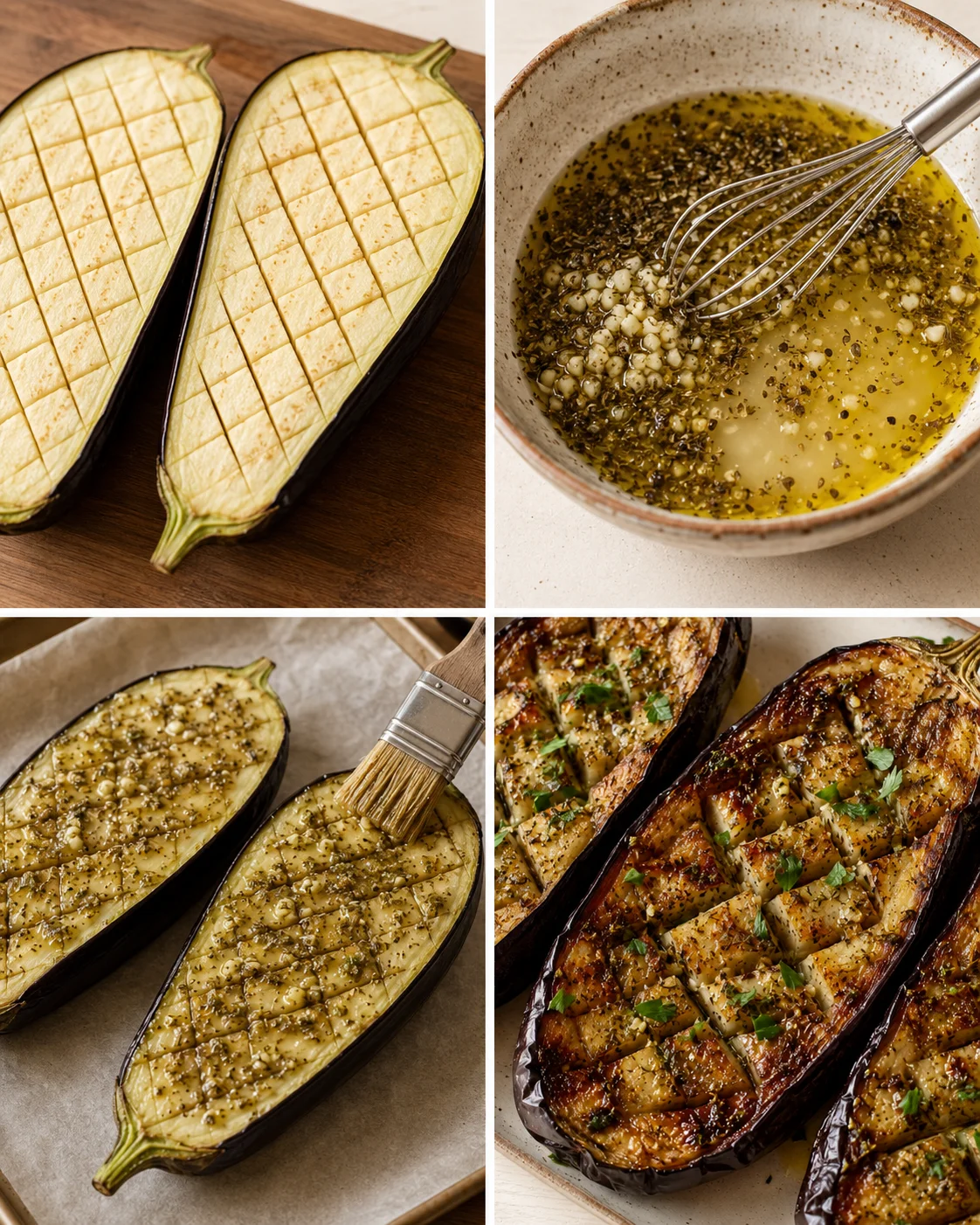 Slices of eggplant being prepared and roasted for a Greek dish with herbs.