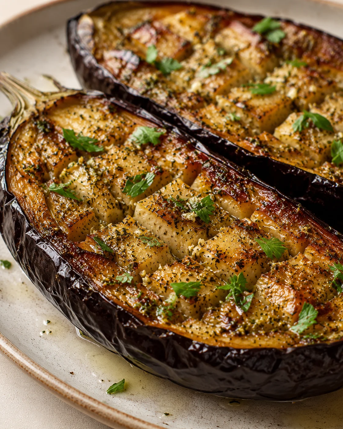 Delicious baked eggplant seasoned with garlic, oregano, and lemon slices on a ceramic plate.