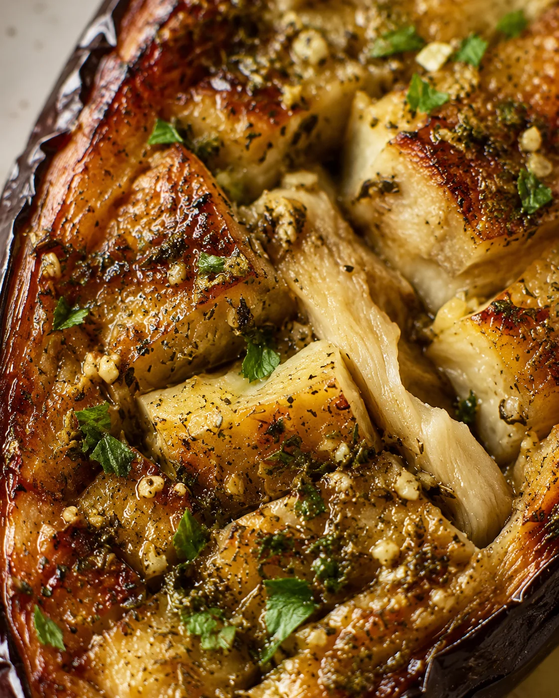 Close-up of roasted eggplant garnished with herbs and garlic before serving.