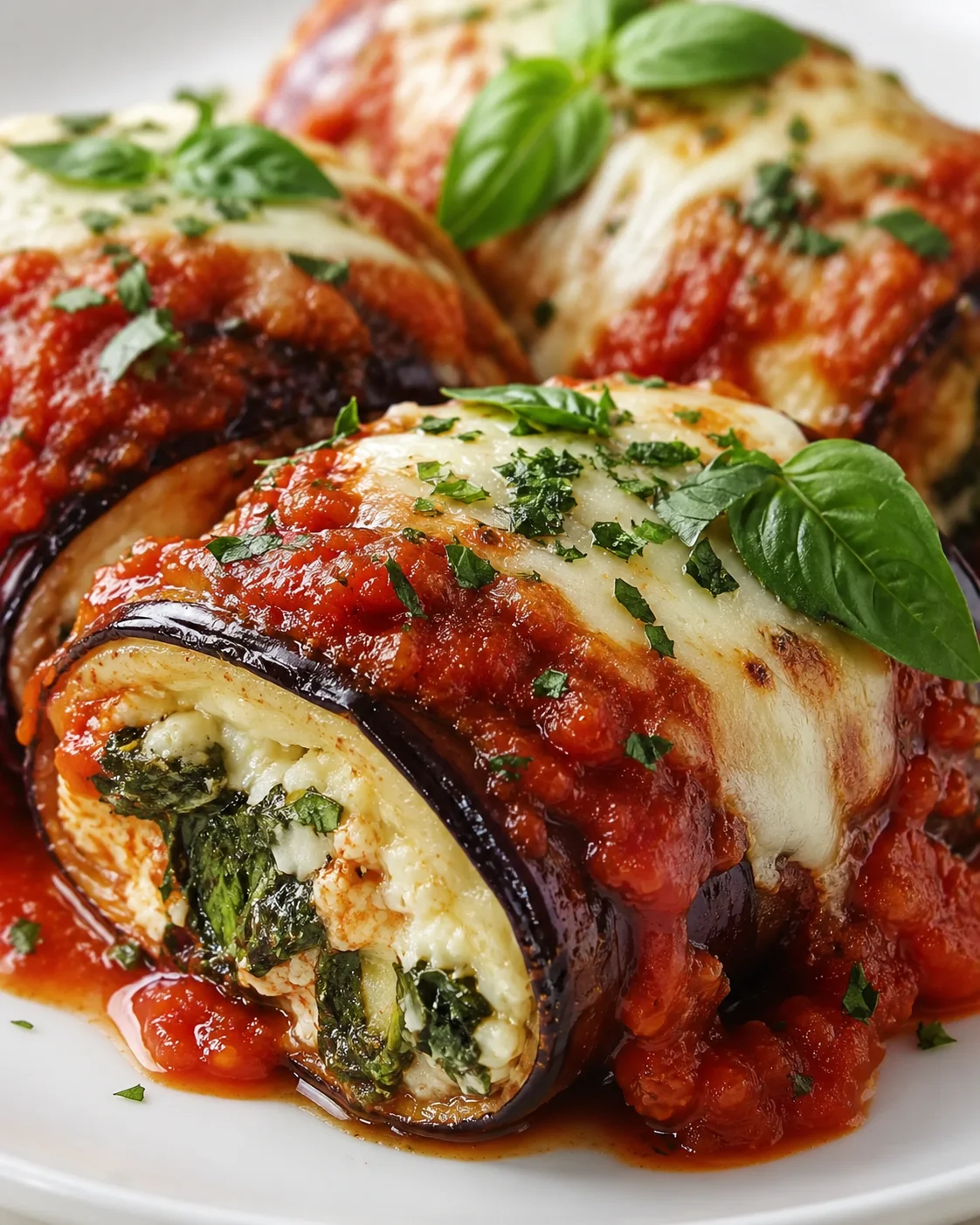 Close-up of baked eggplant rollatini topped with marinara and fresh basil