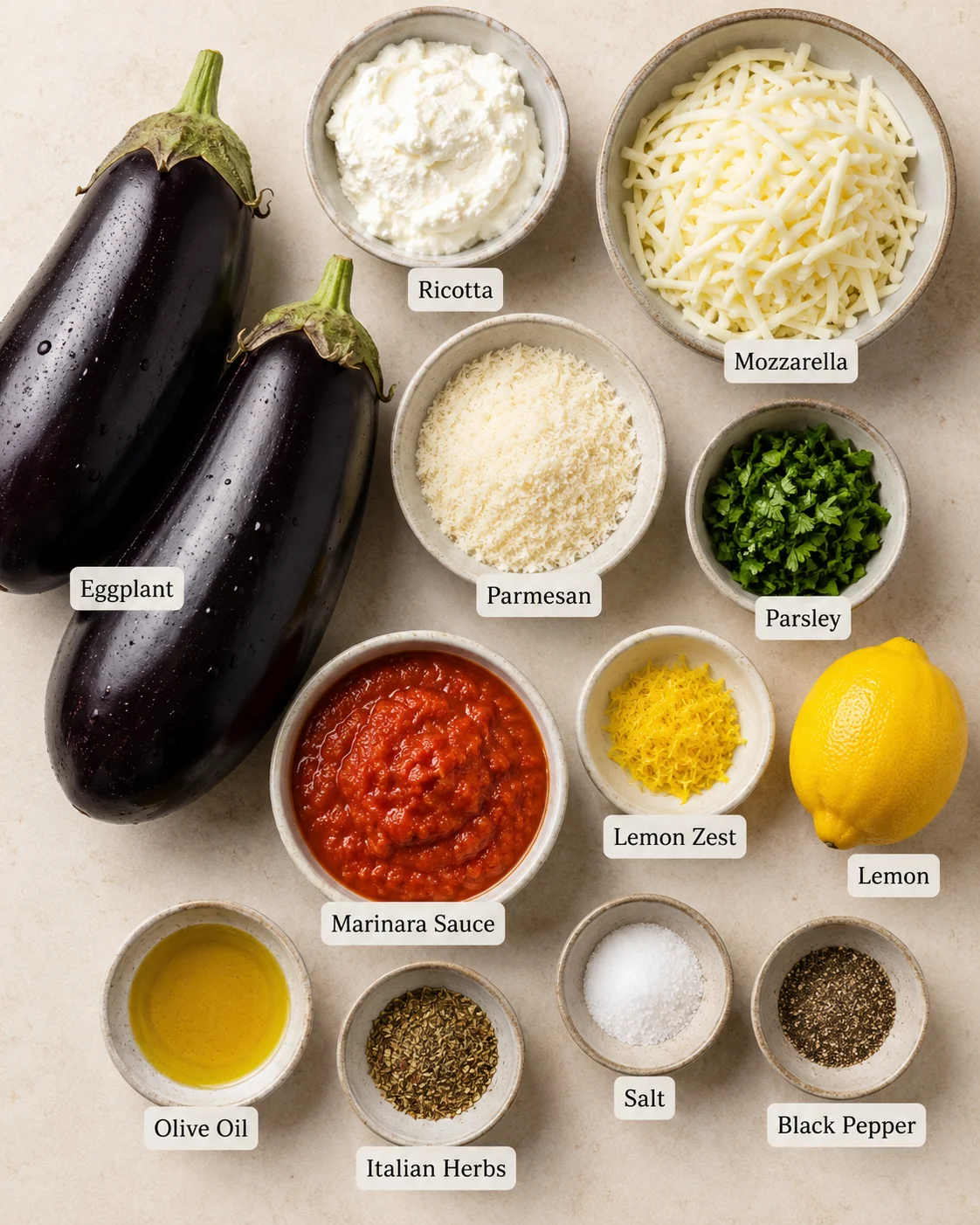Eggplant slices, cheese, and fresh herbs for Healthy Eggplant Rollatini