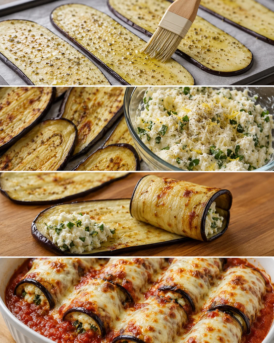Preparation and baking of eggplant rollatini with cheese and herbs on a baking sheet