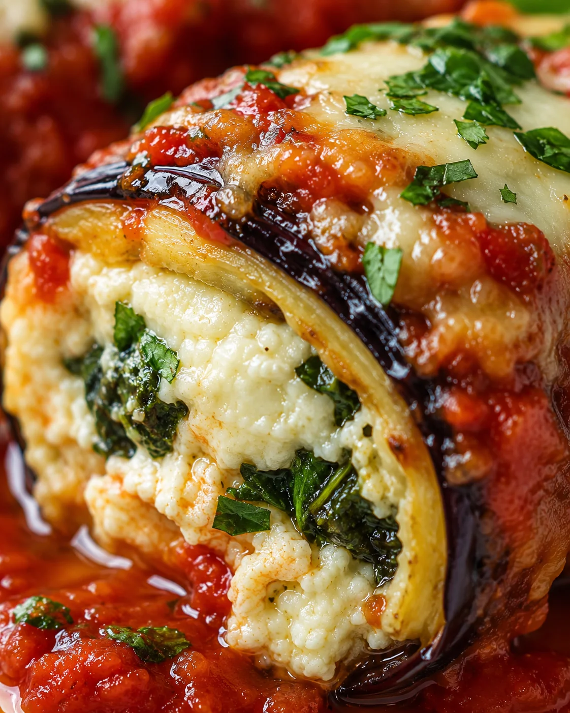 Close-up of baked eggplant rollatini topped with melted cheese and fresh herbs