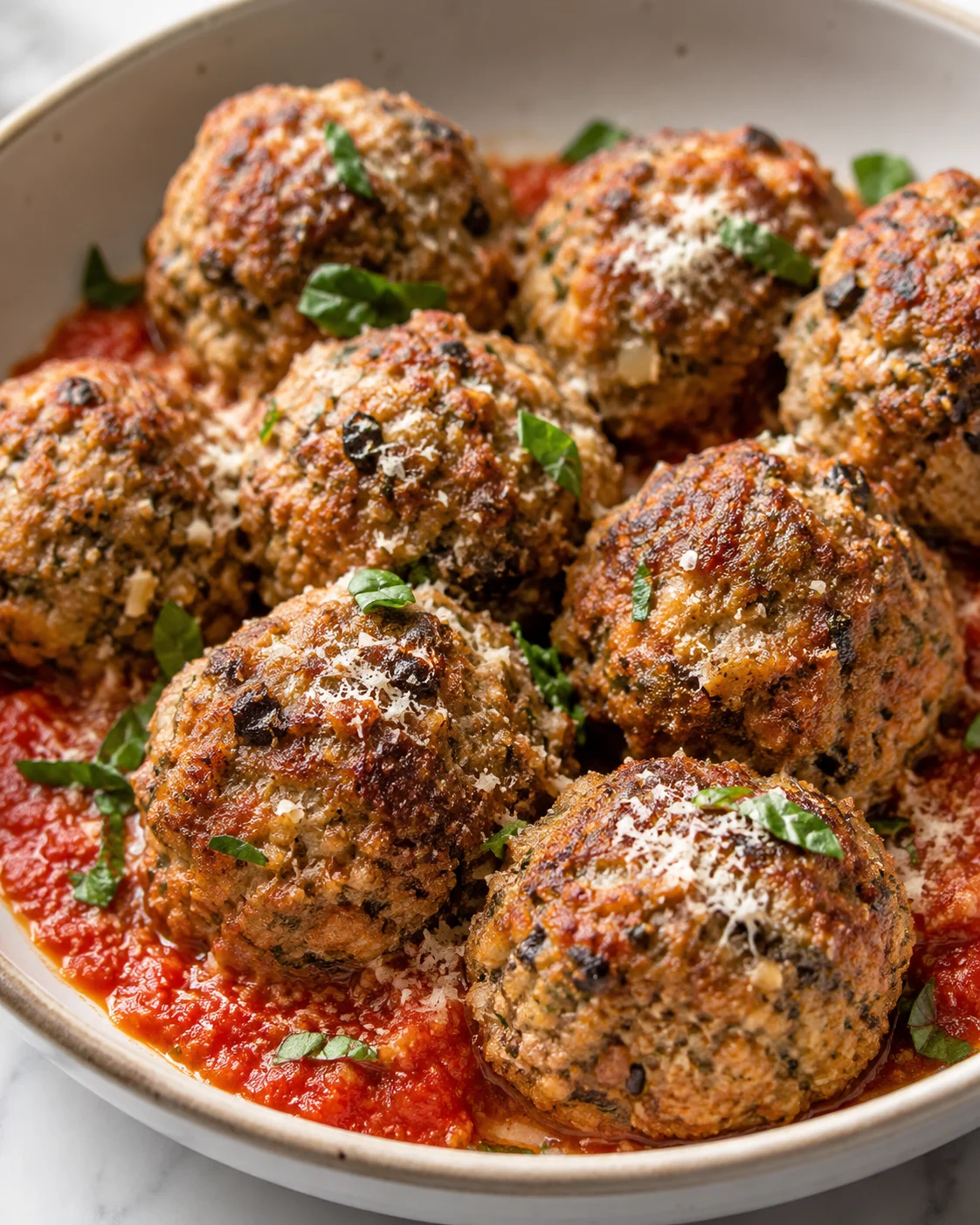 Close-up of baked eggplant meatballs garnished with herbs in a white dish