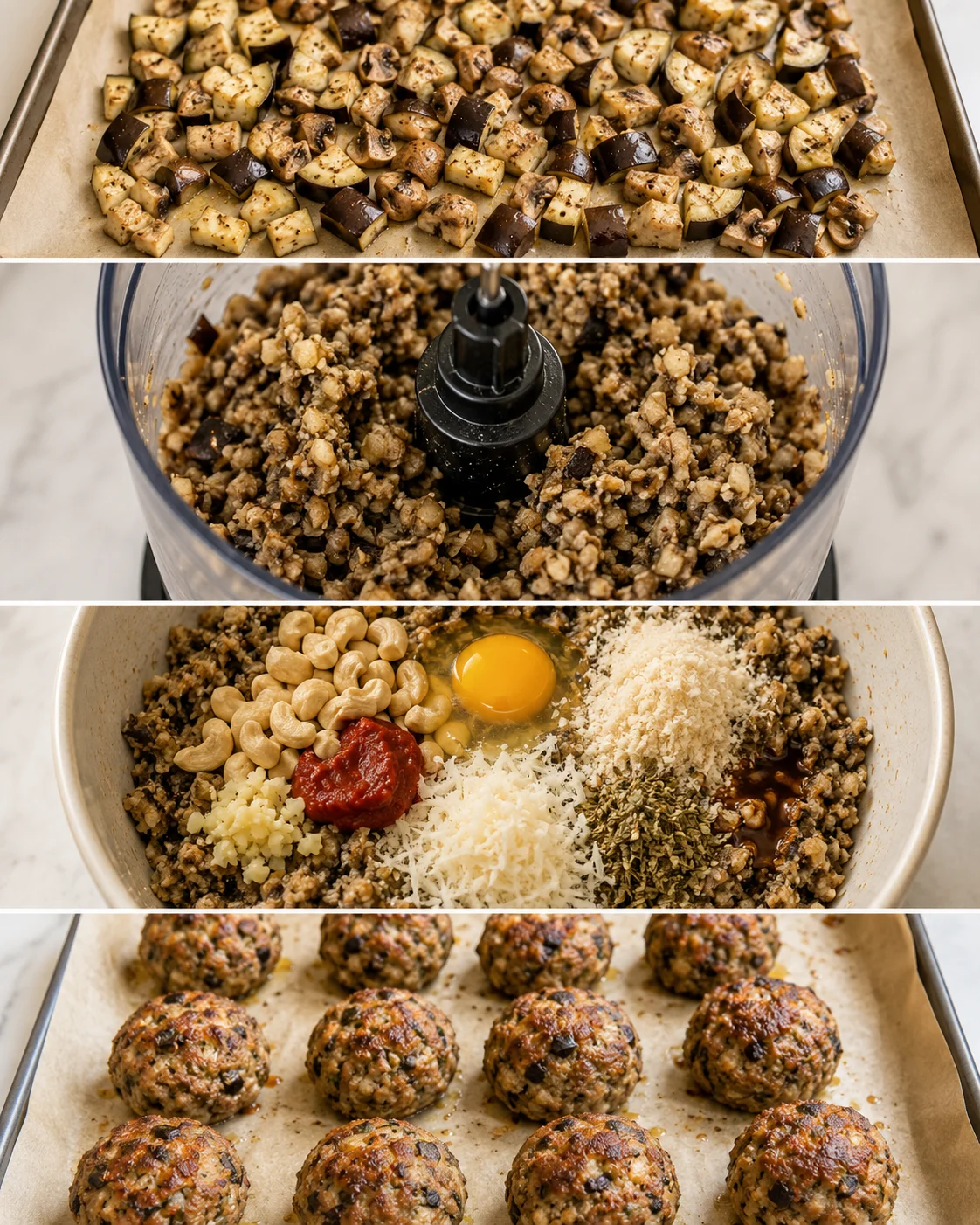 Delicious vegetarian baked eggplant meatballs with mushrooms and garlic on a baking sheet