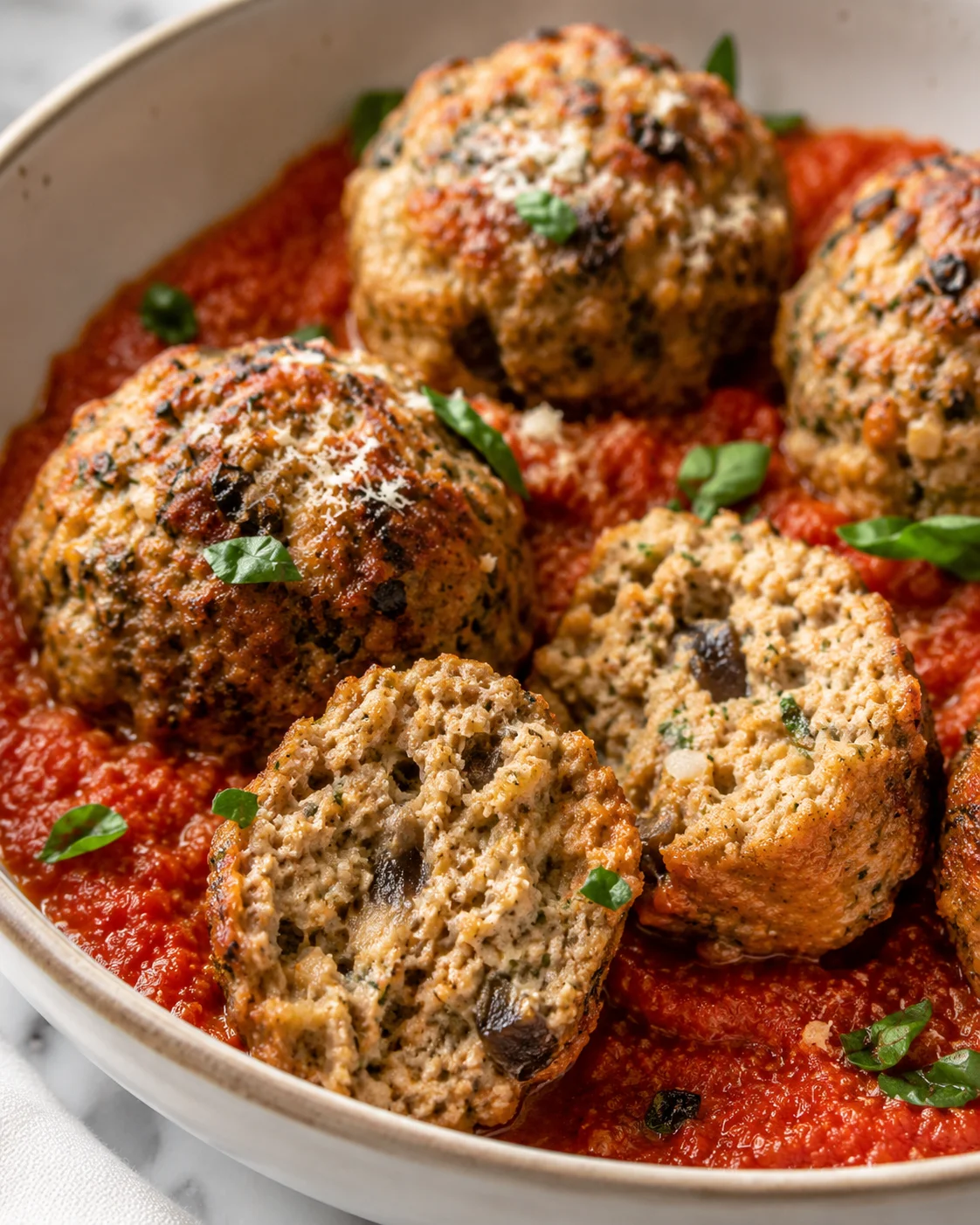 Delicious baked eggplant meatballs topped with tomato sauce and garnished with basil.