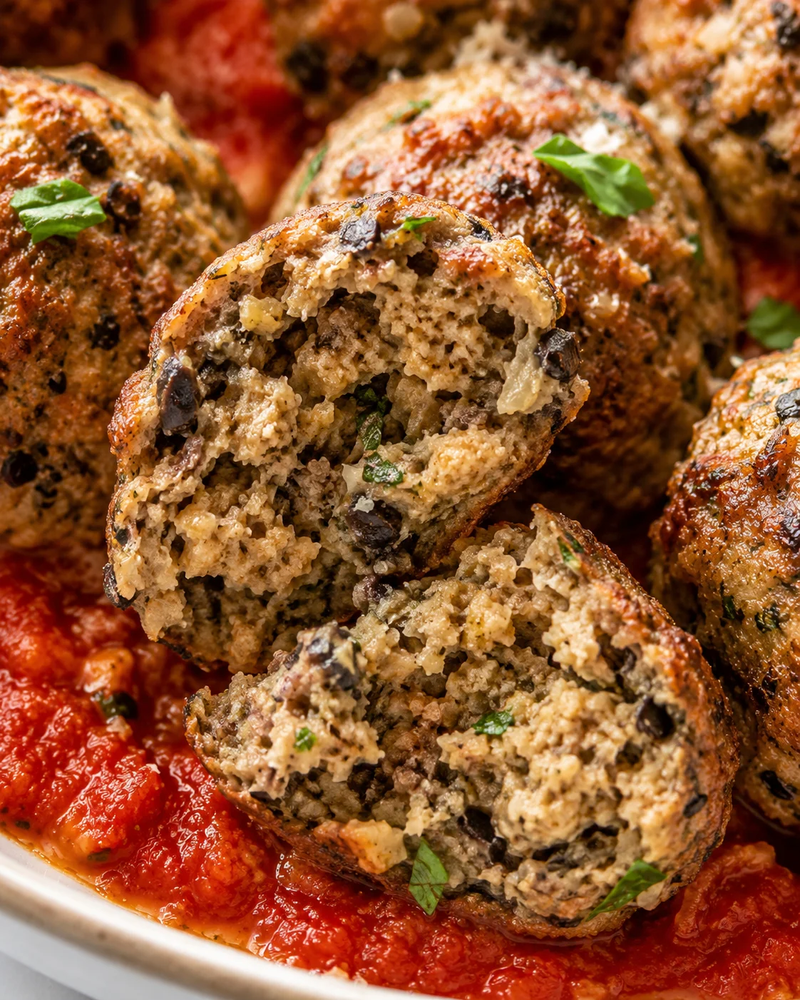 Close-up of baked eggplant meatballs served with tomato sauce, garnished with herbs.
