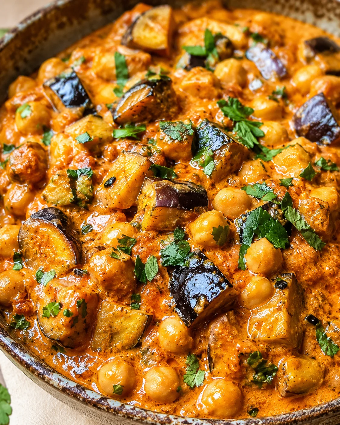 A vibrant bowl of creamy eggplant curry with chickpeas and fresh herbs