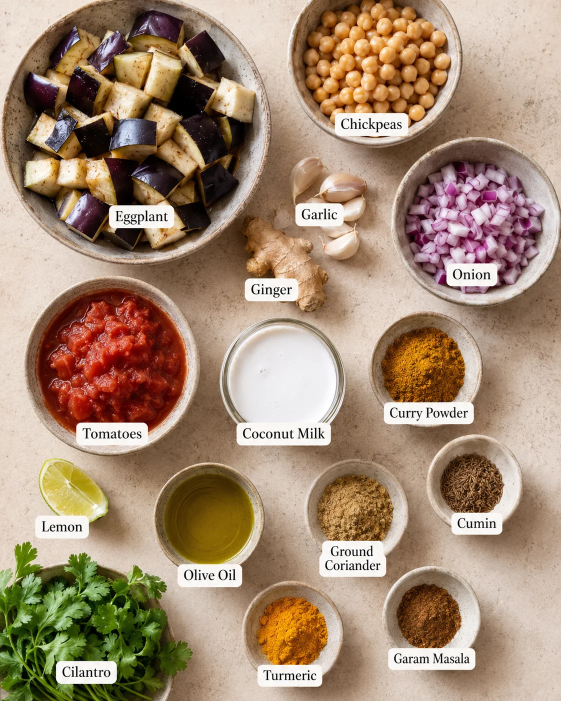 Bowls of chopped eggplant, chickpeas, and diced onion with spices and garlic.