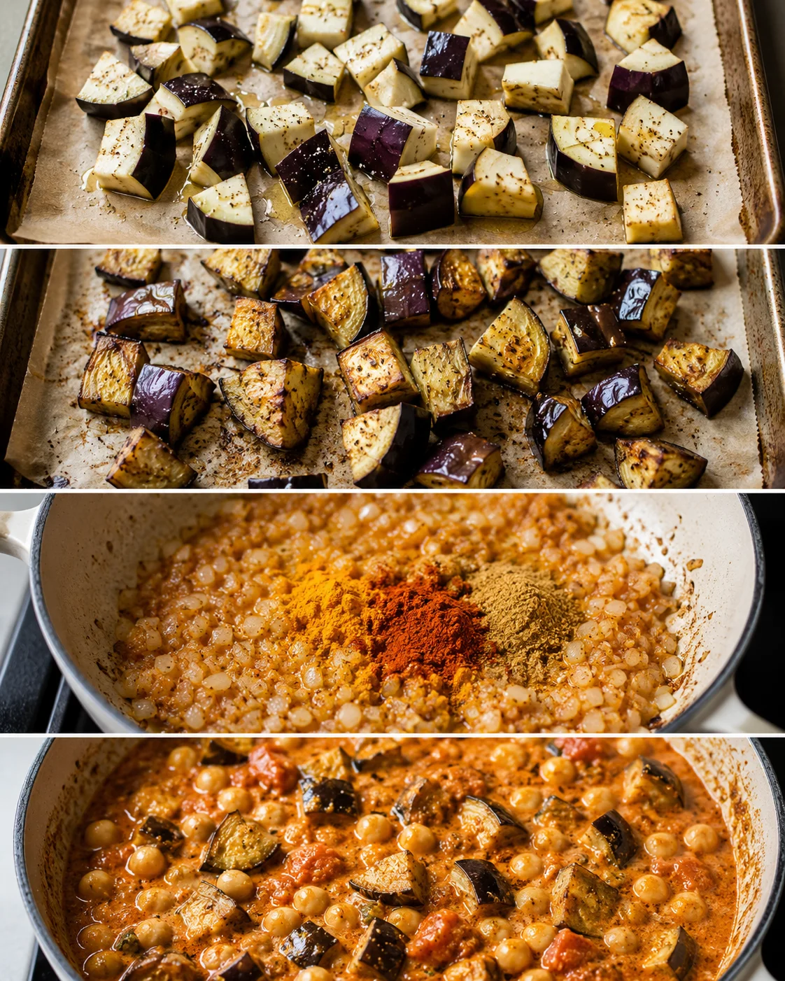 Step-by-step images of roasting eggplant and preparing curry sauce.