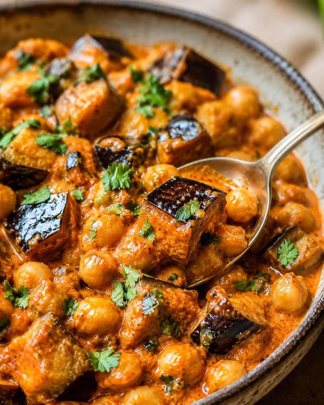 Creamy roasted eggplant cubes in a flavorful tomato sauce garnished with cilantro.
