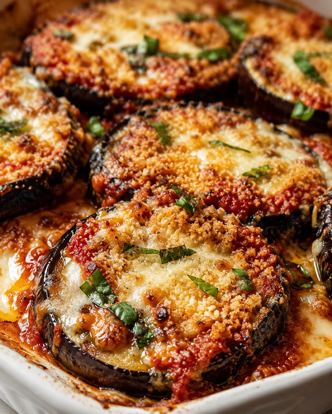Close-up of baked eggplant slices topped with cheese and herbs in a dish