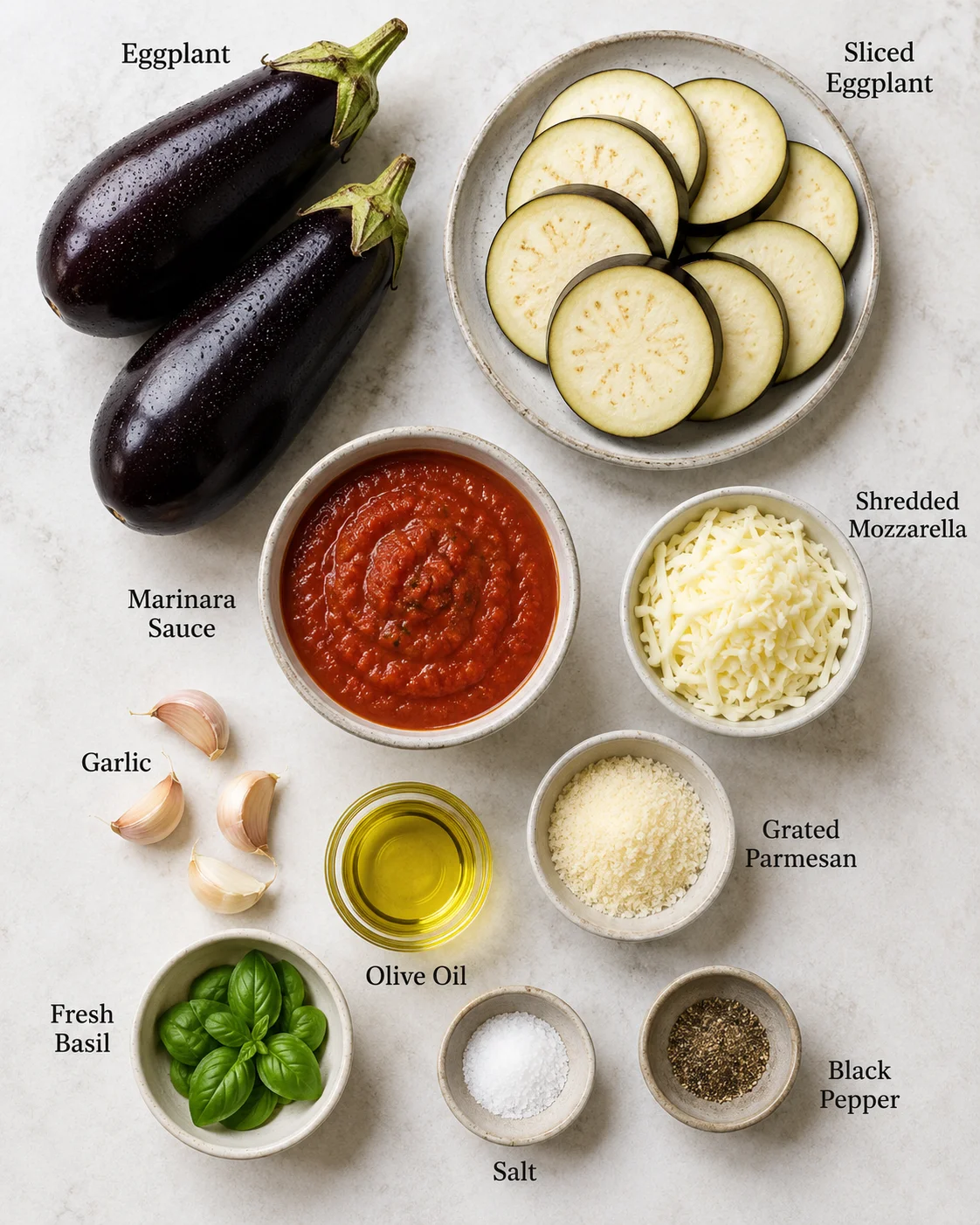 Fresh eggplants, sliced eggplant, marinara sauce, mozzarella, basil, garlic, and seasonings arranged on a countertop.