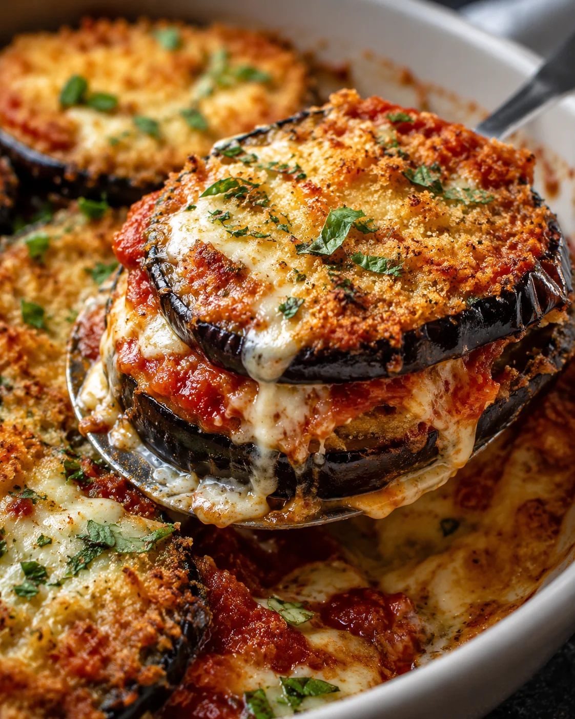 Close-up of baked eggplant with melted cheese and fresh herbs in a dish