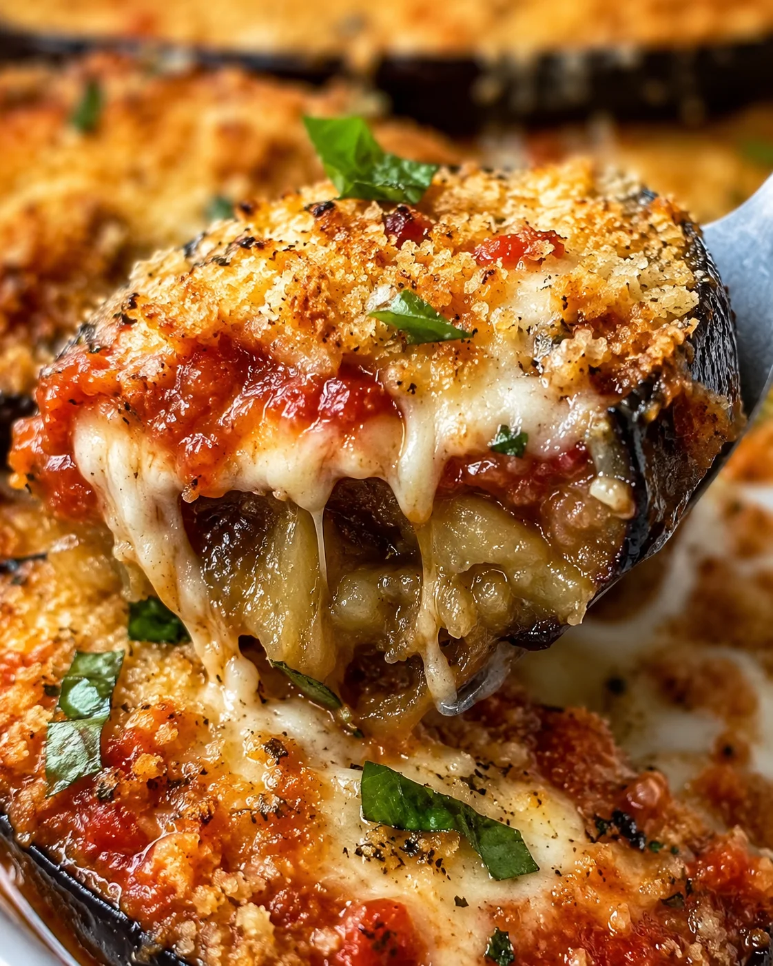 Close-up of a cheesy baked eggplant dish with herbs and tomato sauce