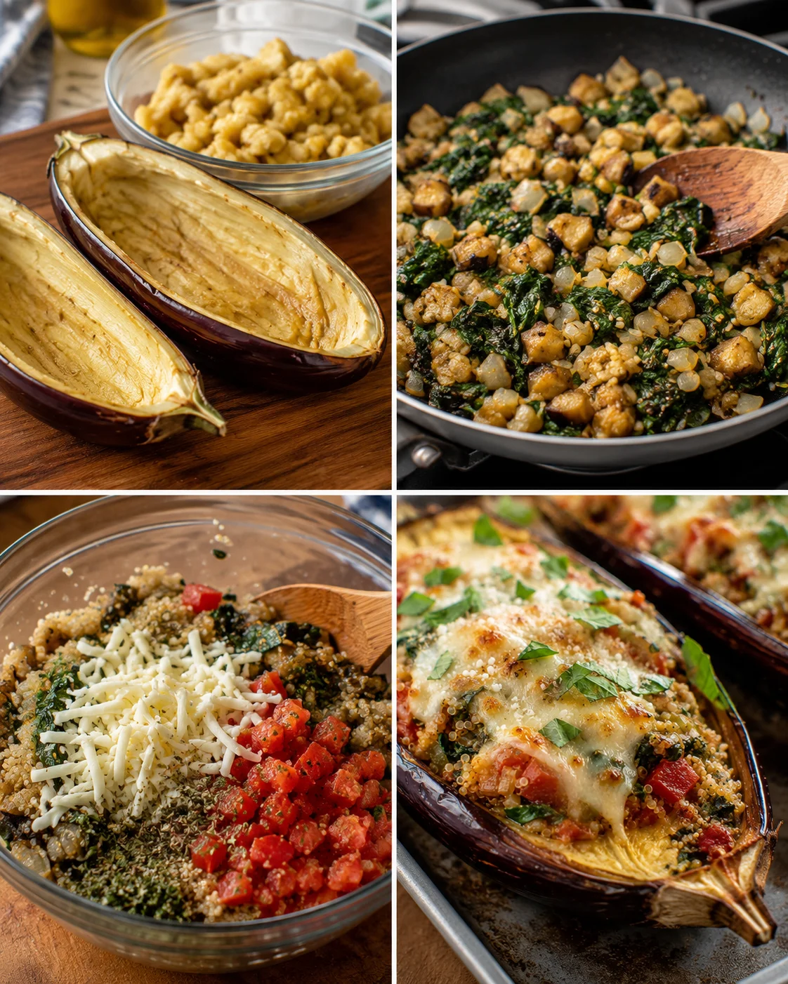 Italian Baked Stuffed Eggplant Colorful baked eggplant filled with vegetables and cheese, ready to serve.